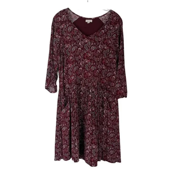 Garnet Hill Dresses Garnet Hill Burgundy Red Paisley Print Bohemian Pocket 34 Sleeve Dress Poshmark